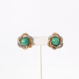 Vintage 1950s Green Cabochon Braided Gold Plated Clip On Earrings | by Boucher