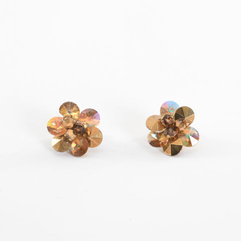 true vintage 1960s aurora borealis crystal bronze iridescent toned cluster earrings shown lying on white background