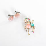 Vintage 1960s Pink Green Lucite Moonstone Jelly Belly Rhinestone stone Horse Brooch Pin