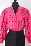 Vintage 1980s Size 4 Small Hot Pink Black Polka Dot Bishop Sleeve Party Outfit Skirt Suit | by Chaus