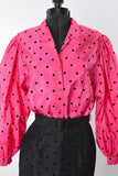 Vintage 1980s Size 4 Small Hot Pink Black Polka Dot Bishop Sleeve Party Outfit Skirt Suit | by Chaus