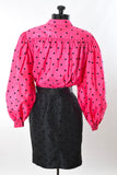 Vintage 1980s Size 4 Small Hot Pink Black Polka Dot Bishop Sleeve Party Outfit Skirt Suit | by Chaus