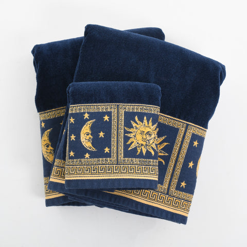 Vintage 1990s Celestial Navy Blue Yellow Towel Set of 3 | by Hampton Manor