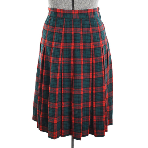 true vintage 1950s red green plaid accordion pleated wool midi skirt shown on dress form against white background