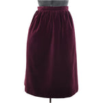 true vintage 80s burgundy velvet gathered waist pencil skirt shown on dress form against white background