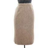 true vintage 1950s oatmeal beige wool pencil midi skirt shown on dress form against white background