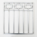 true vintage 1920s brushed steel silver tone art deco bank teller window security bars with 3 upper small rectangle design over 7 longer bars shown lying flat on white background