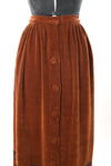 Vintage 1970s Small Burnt Orange Velour Button Front Animal Trim Maxi Skirt