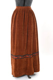 Vintage 1970s Small Burnt Orange Velour Button Front Animal Trim Maxi Skirt