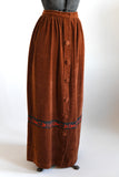 Vintage 1970s Small Burnt Orange Velour Button Front Animal Trim Maxi Skirt