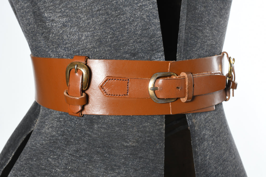 Vintage 1950s Medium Brown Leather Gold Buckles Wide Cinch Belt