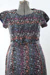 Vintage 1950s Large Black Rainbow Brocade Asian Print Short Sleeve Dress