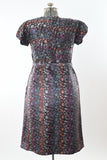 Vintage 1950s Large Black Rainbow Brocade Asian Print Short Sleeve Dress