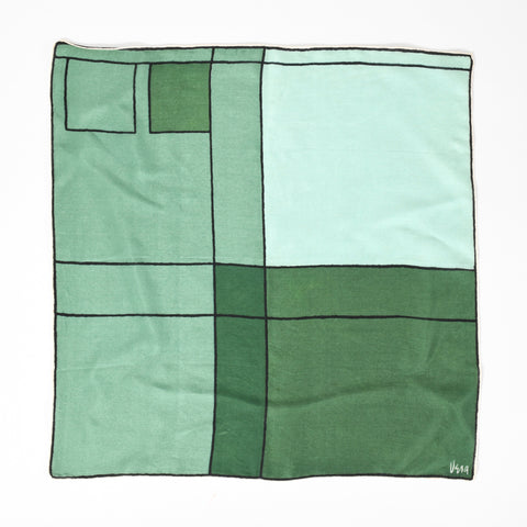 vintage pure silk 1950s various shades of green 90 degree angle shapes divided by black lines with white hand rolled edge shown lying flat on white background