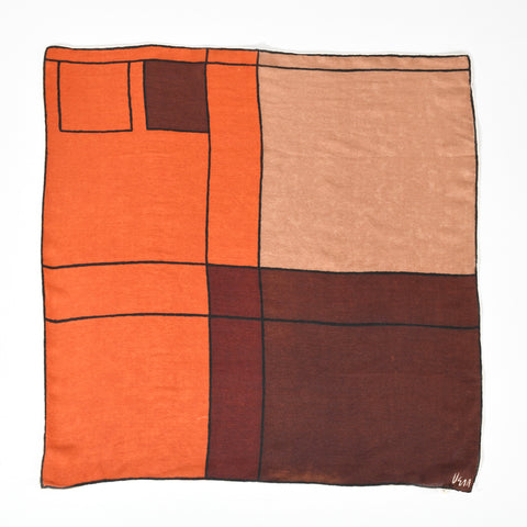 vintage 1950s pure silk orange various shades of brown 90 degree angle blocks divided by black lines shown lying flat on white background
