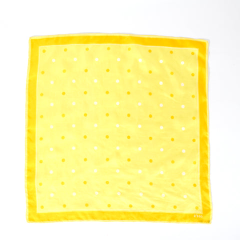 vintage 1950s yellow square silk polka dot Vera Neumann shown lying flat on white background