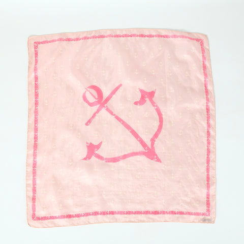 vintage 1950s pink square silk scarf with angled large pink anchor and small white silk screened anchors and handrolled edges shown lying flat on white background