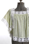 Vintage 1970s Small Green Flower Lace Handkerchief Hippie Shirt