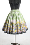 Vintage 1960s XXS - XS Green Pink Clouds Flowers Border Print Full Skirt