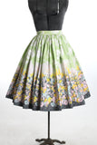 Vintage 1960s XXS - XS Green Pink Clouds Flowers Border Print Full Skirt