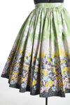 Vintage 1960s XXS - XS Green Pink Clouds Flowers Border Print Full Skirt