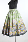 Vintage 1960s XXS - XS Green Pink Clouds Flowers Border Print Full Skirt