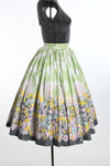 Vintage 1960s XXS - XS Green Pink Clouds Flowers Border Print Full Skirt