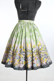 Vintage 1960s XXS - XS Green Pink Clouds Flowers Border Print Full Skirt
