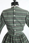 Vintage 1950s XS Green Edelweiss Hearts Alpine Pattern Full Skirt Shirtwaist Dress