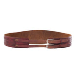 true vintage 1950s ox blood red Mexican tooled leather double buckle wide cinch belt shown on white background
