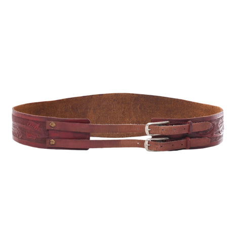 true vintage 1950s ox blood red Mexican tooled leather double buckle wide cinch belt shown on white background
