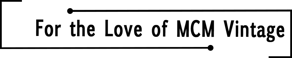 For the Love of MCM Vintage Logo with modern font inside angled lines with modern black line tipped with black dot above and below writing