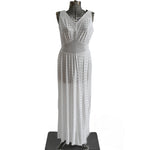 vintage 1940s white striped sleeveless nightgown shown on dress form with white background