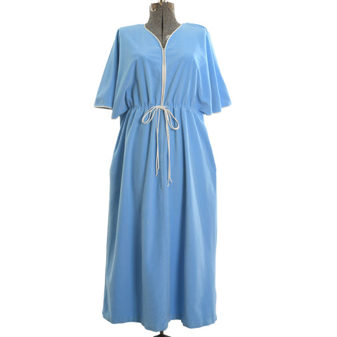 true vintage 1970s flutter sleeve step in zipper sky blue robe shown on dress form with white background