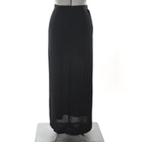 true vintage 1940s black full length rayon crepe maxi skirt with front center slit shown on dress form against white background