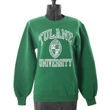 true vintage 1980s green tulane university crewneck pullover jansport sweatshirt shown on dressform with white background