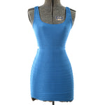 true vintage y2k blue bodycon sleeveless form fitted mini dress shown on dress form against white background