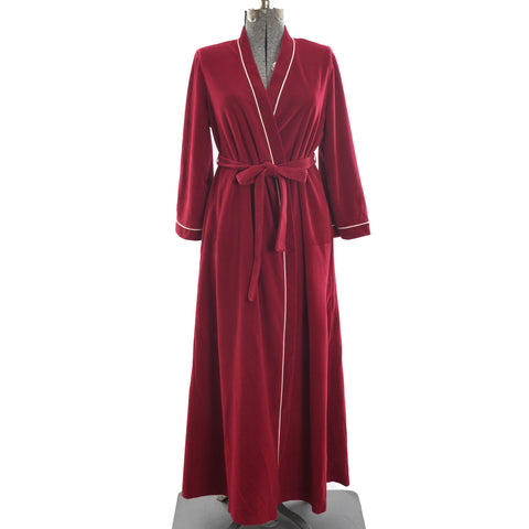 true vintage 1970s maroon red with white piping tie front long sleeve fleece robe shown on dress form in center image with white background