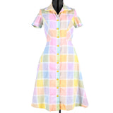 true vintage 70s does 40s pastel rainbow color block shirtwaist short sleeve  midi dress shown on dress form against white background