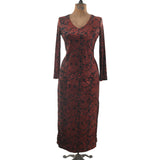 true vintage 1990s maroon red and black floral pattern velvet long sleeve maxi dress with V neck shown on dress form on white background