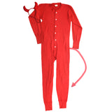 true vintage 1970s red long john pajama with devil horns headband and red felt devil tail lying flat on white background