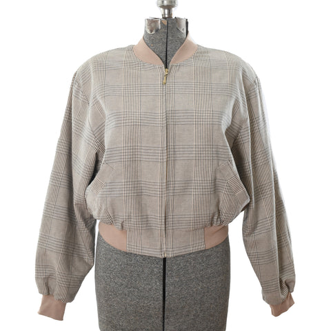 true vintage 1990s light tan main fabric with black narrow plaid weave cotton lightweight bomber jacket shown on dress form against white background