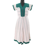 true vintage 1940s white green red short sleeve cotton pique holiday day dress shown on dress form with white background