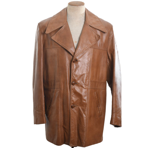 true vintage 1970s brown leather 3 button jacket shown on dress form with white background