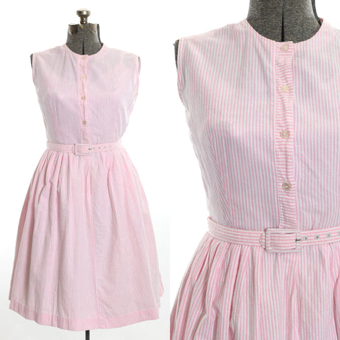 vintage 1960s pink white striped seersucker sleeveless shirtwaist midi dress shown on dress form on left image with close up of bodice on right with white background