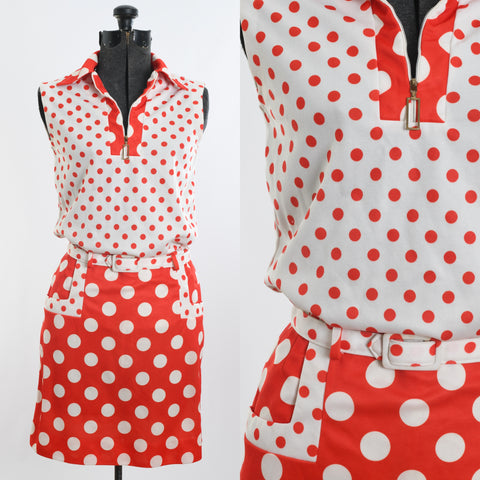 true vintage late 60s early 70s orange white sleeveless polka dot shirt skort tennis set shown on dress form left image with close up of bodice and skirt waist right image all on white background