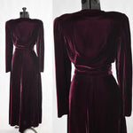 Vintage 1940s Small Maroon Red Velvet Gold Soutache Beaded Hostess Gown Maxi Dress