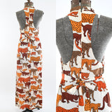 Vintage 1970s Small Orange Brown White Wild Cats Novelty Print T Back Maxi Dress