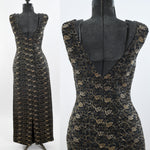 Vintage 1960s XS Black Gold Silver Metallic Embroidered Evening Gown