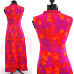 Vintage 1960s Small Purple Orange Floral Flower Power Day-Glo Sleeveless Maxi Dress